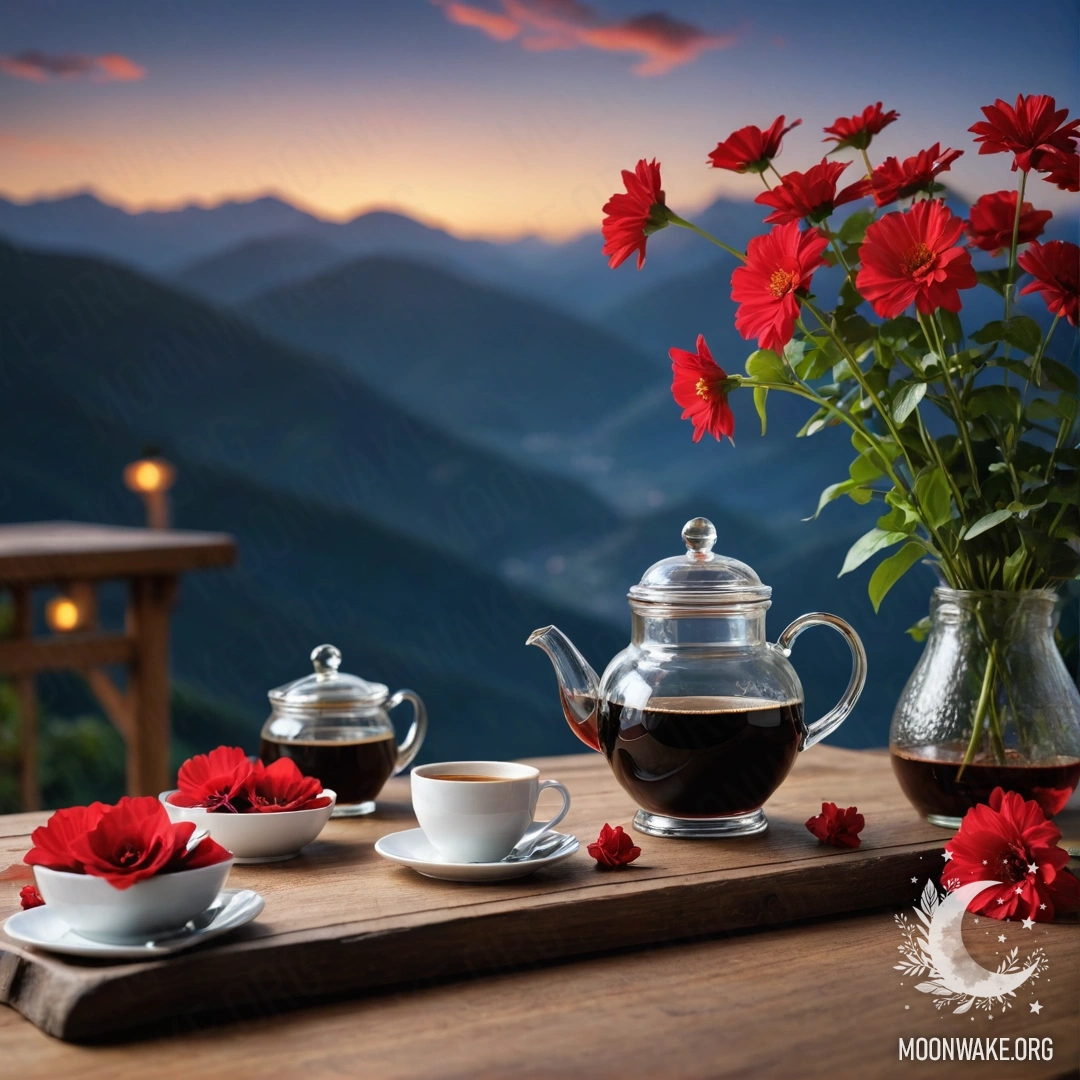 A wooden table with a jar of red flowers and a coffee pot against mountain backdrop at night.