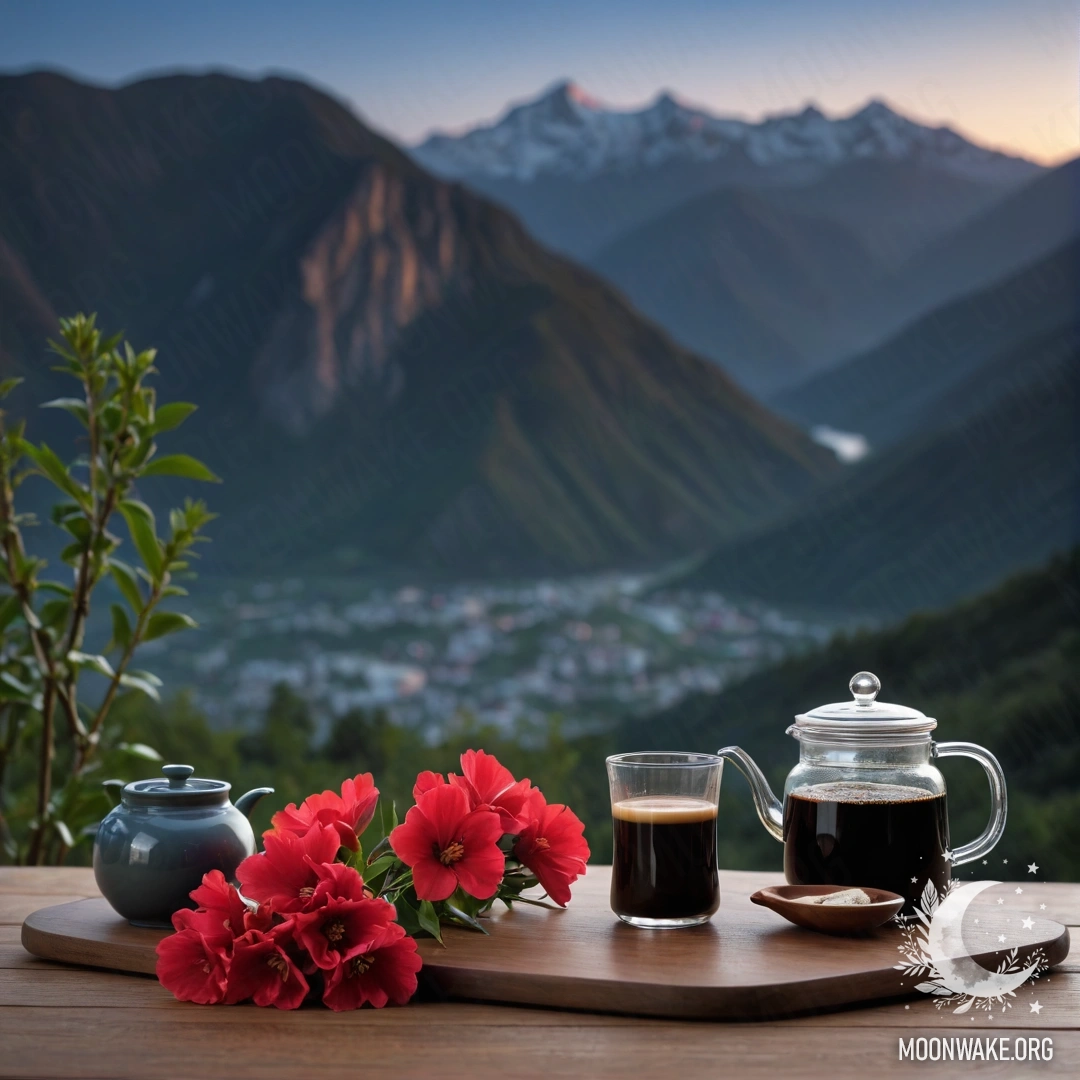 A wooden table with red flowers and a coffee pot against mountain backdrop at night.