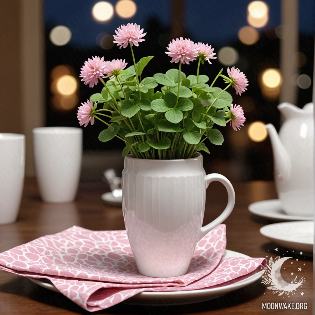 Charming Night Tea Setting A round straw napkin with white porcelain cups adorned with a pink pattern, accompanied by a clover in a white vase, set against a night backdrop.