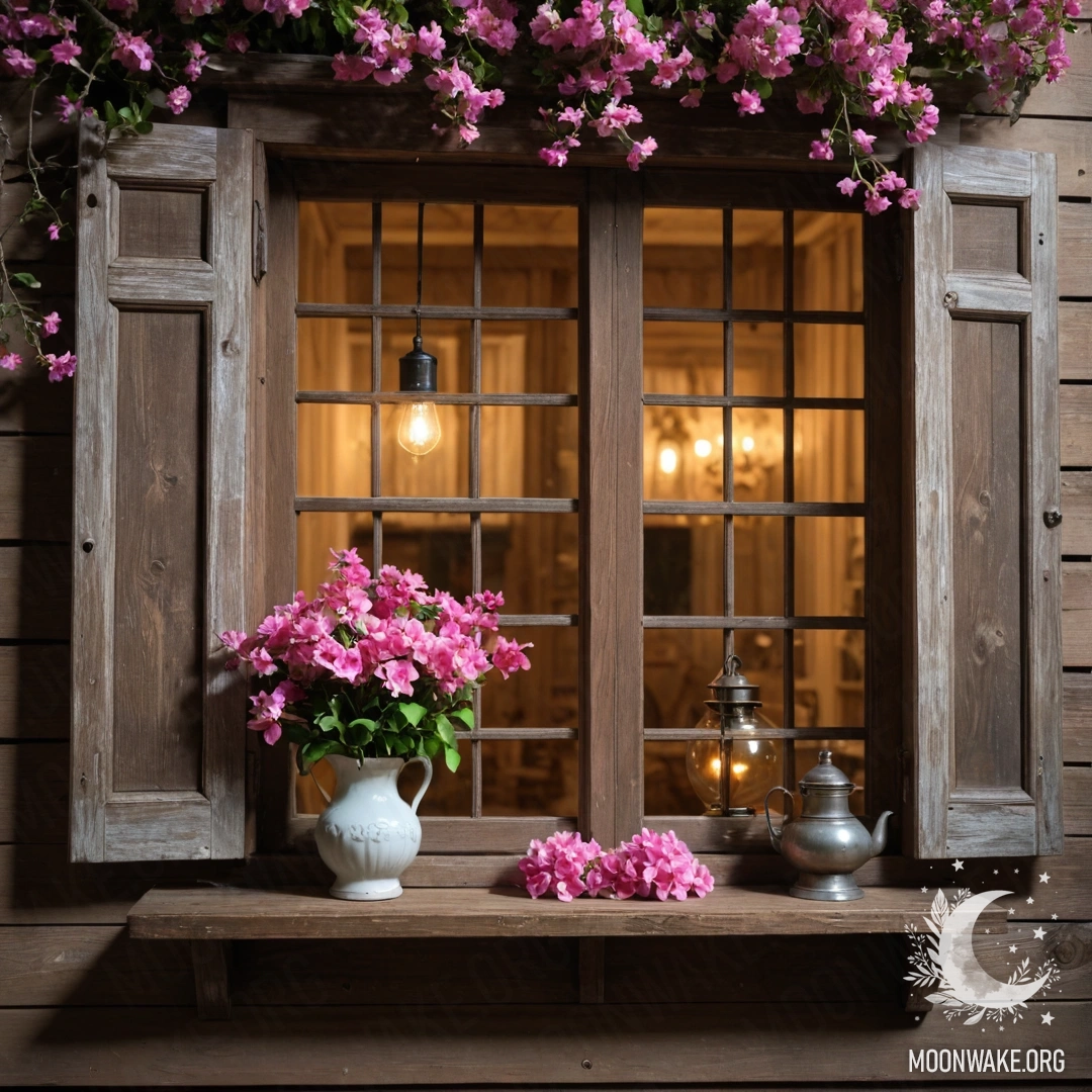 A photorealistic depiction of a shabby wooden window with shutters, adorned with a kerosene lamp and a branch of pink flowers, set in a night ambiance.