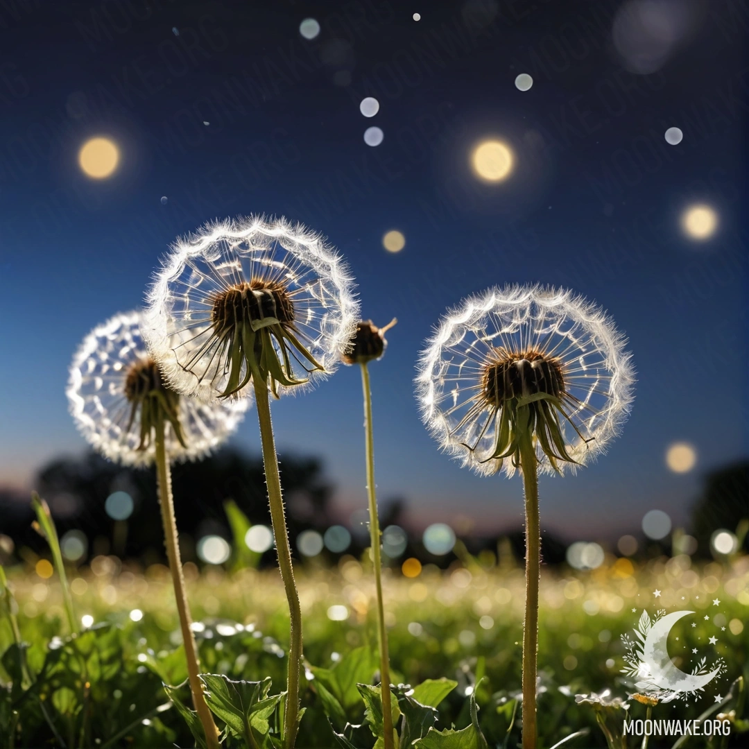 A close-up of dandelions in a field against a dreamy bokeh sky at night.