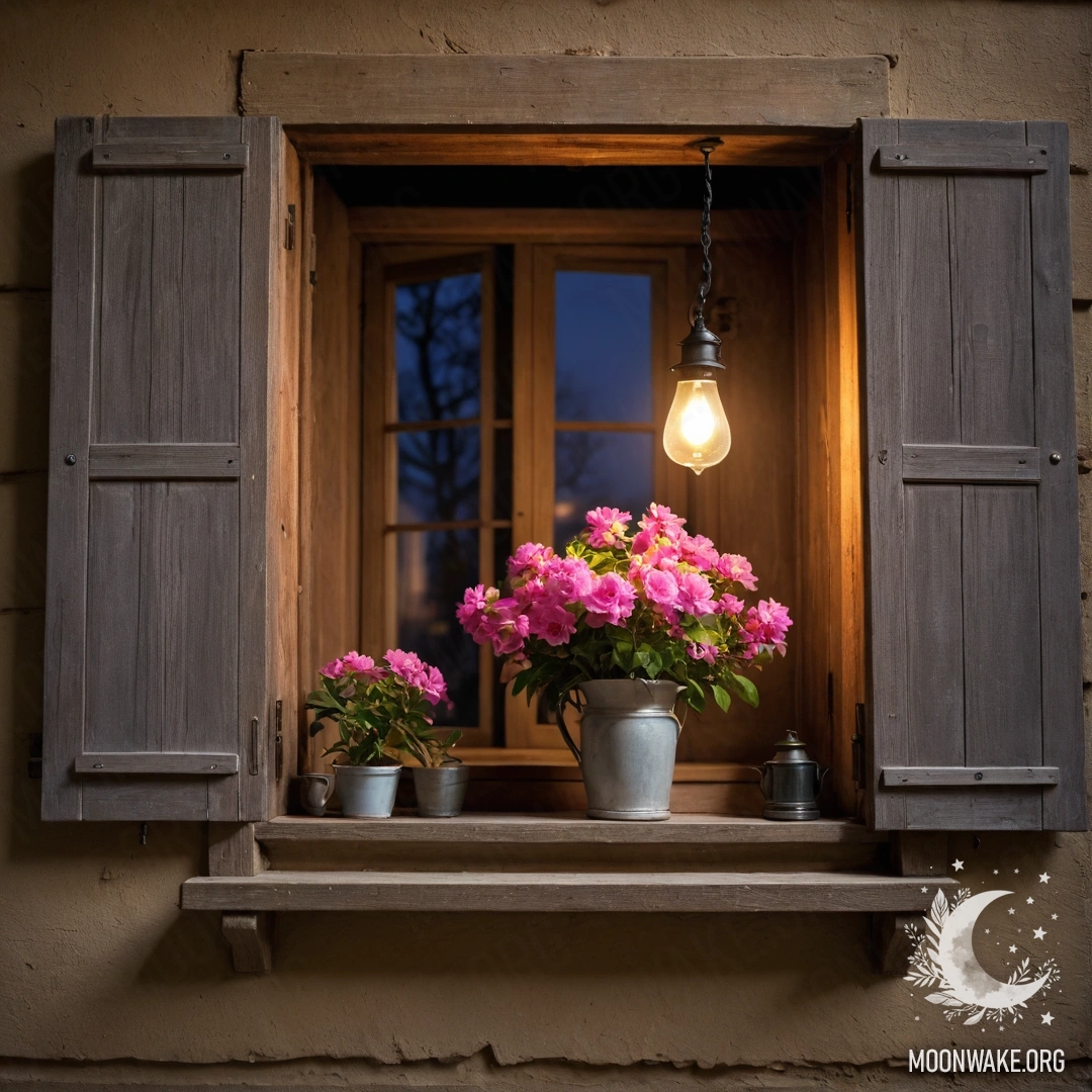Charming Nighttime Door with Flowers A shabby door adorned with twigs and flowers on the handle at night.