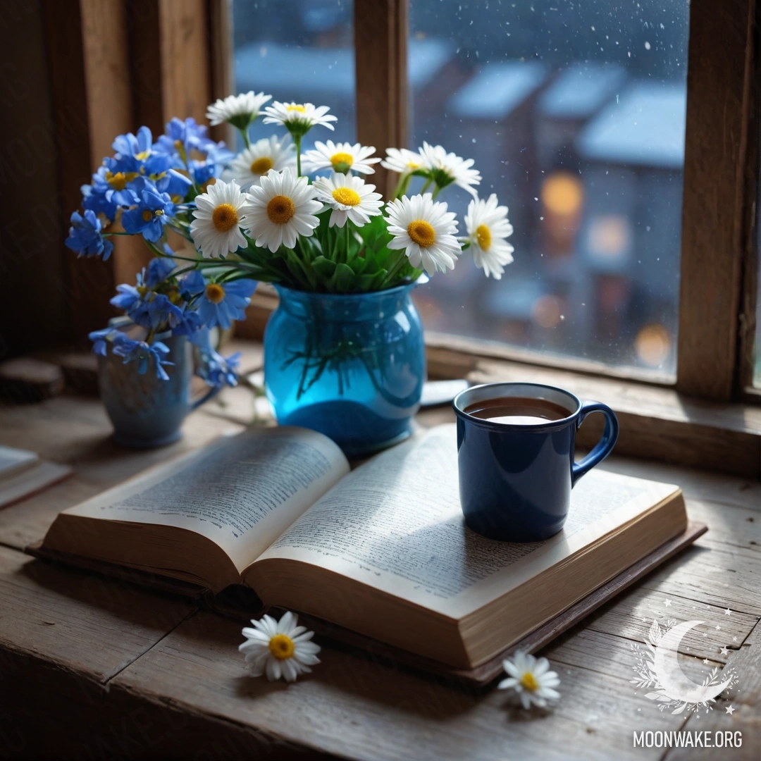A blue book on a wooden windowsill with a blue metal mug containing flowers at night.