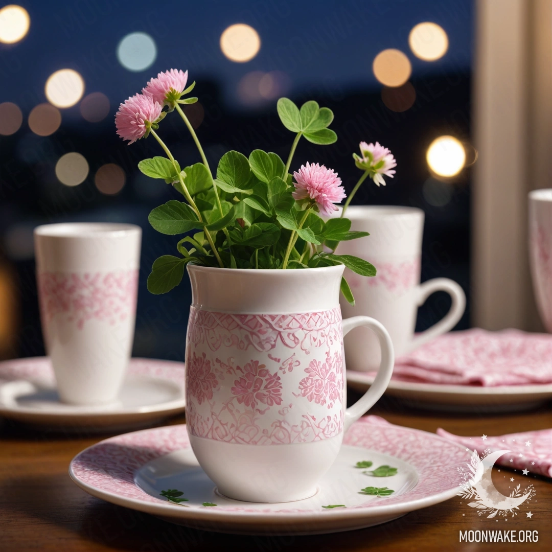 A round straw napkin with white porcelain cups featuring a pink pattern, and a white vase with clover at nighttime.