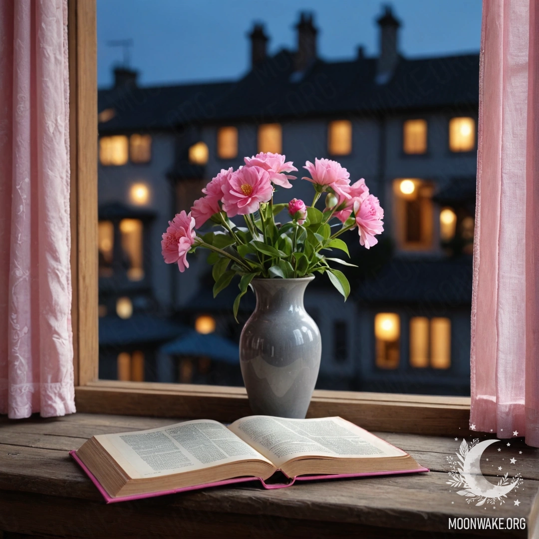 A wooden window sill with an old book, a gray vase with pink flowers and a pink curtain at night.