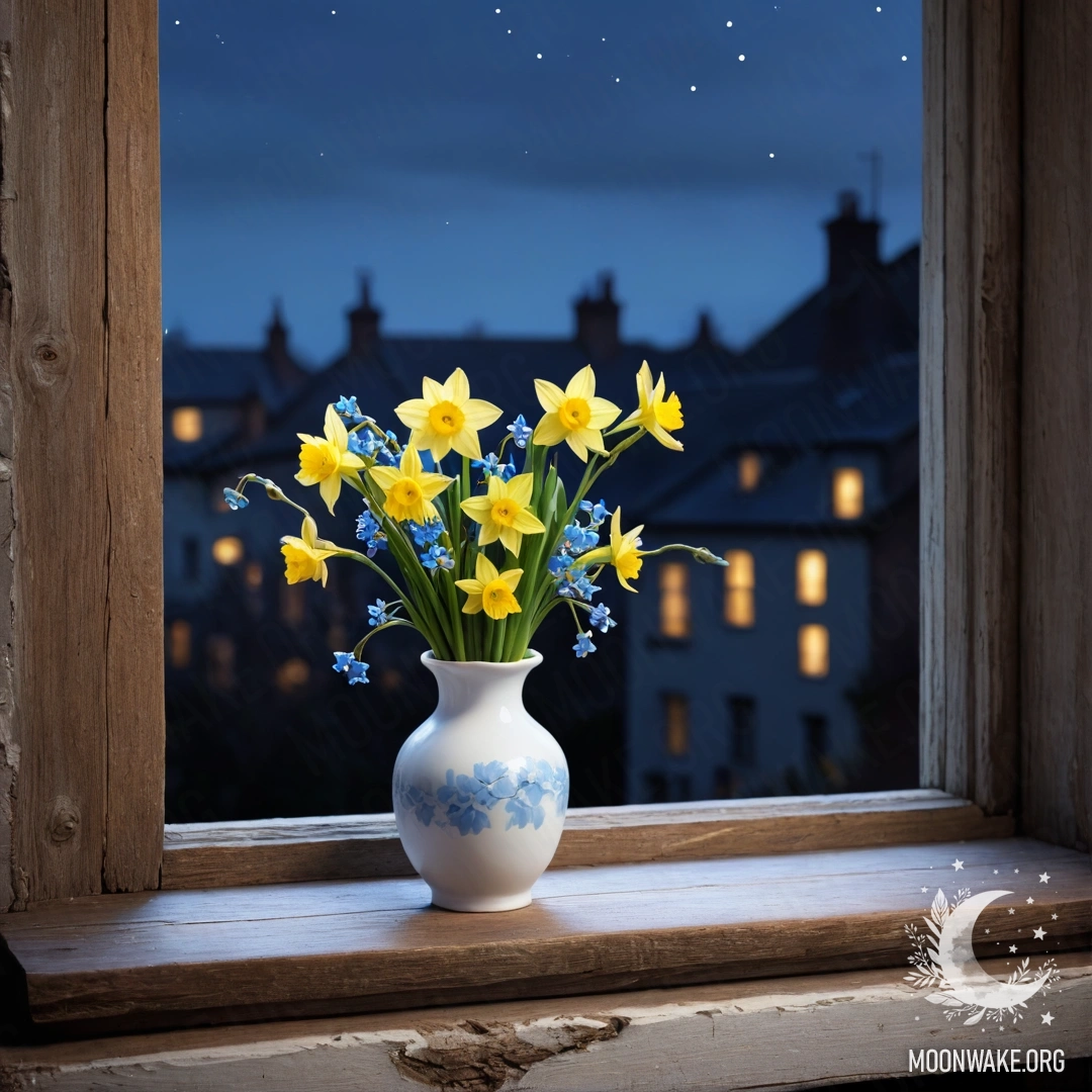 A white porcelain vase with daffodils and forget-me-nots on an old, shabby wooden window sill at night.