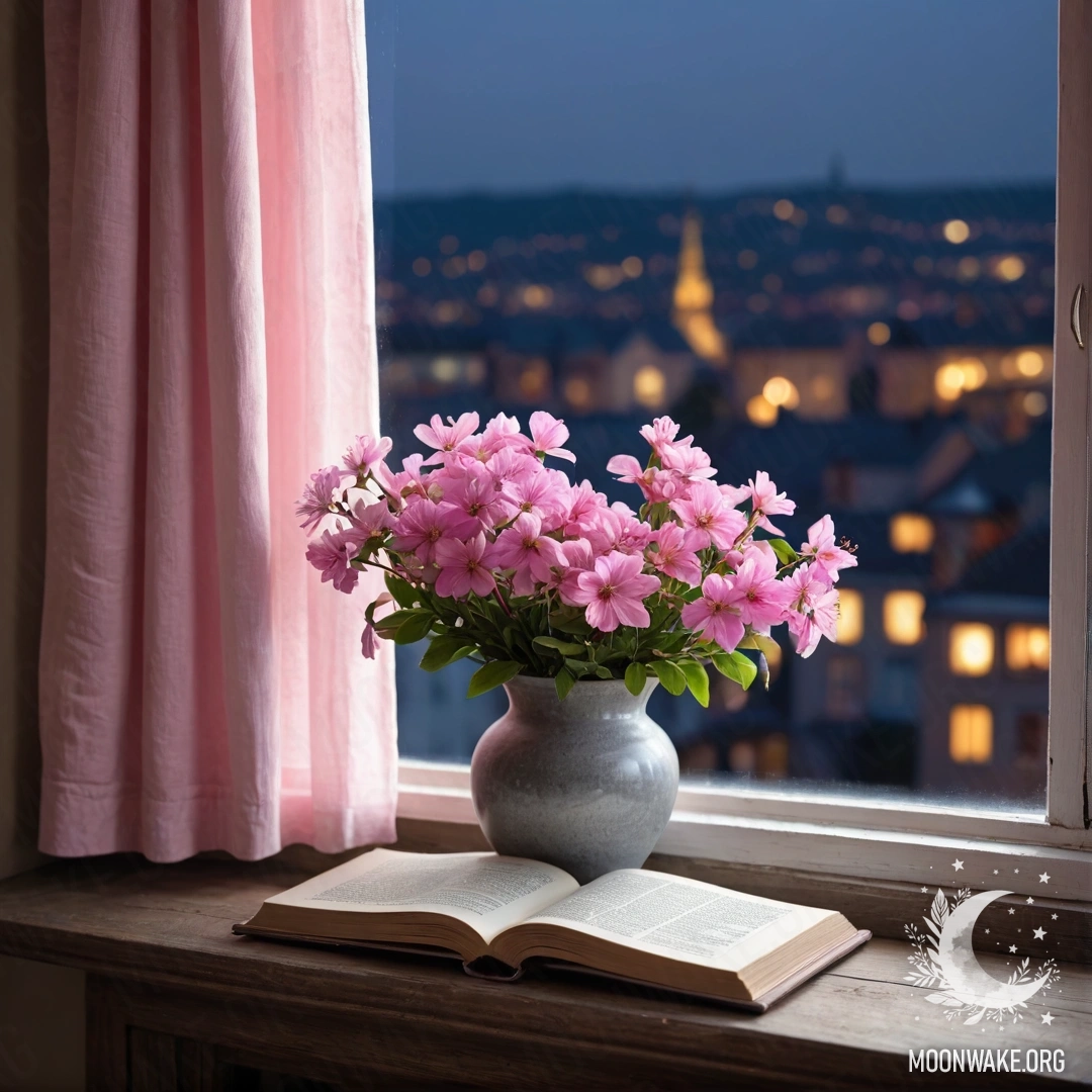 Charming Nighttime Window Sill A wooden window sill with an old shabby book, a gray vase containing pink flowers, and a pink curtain.
