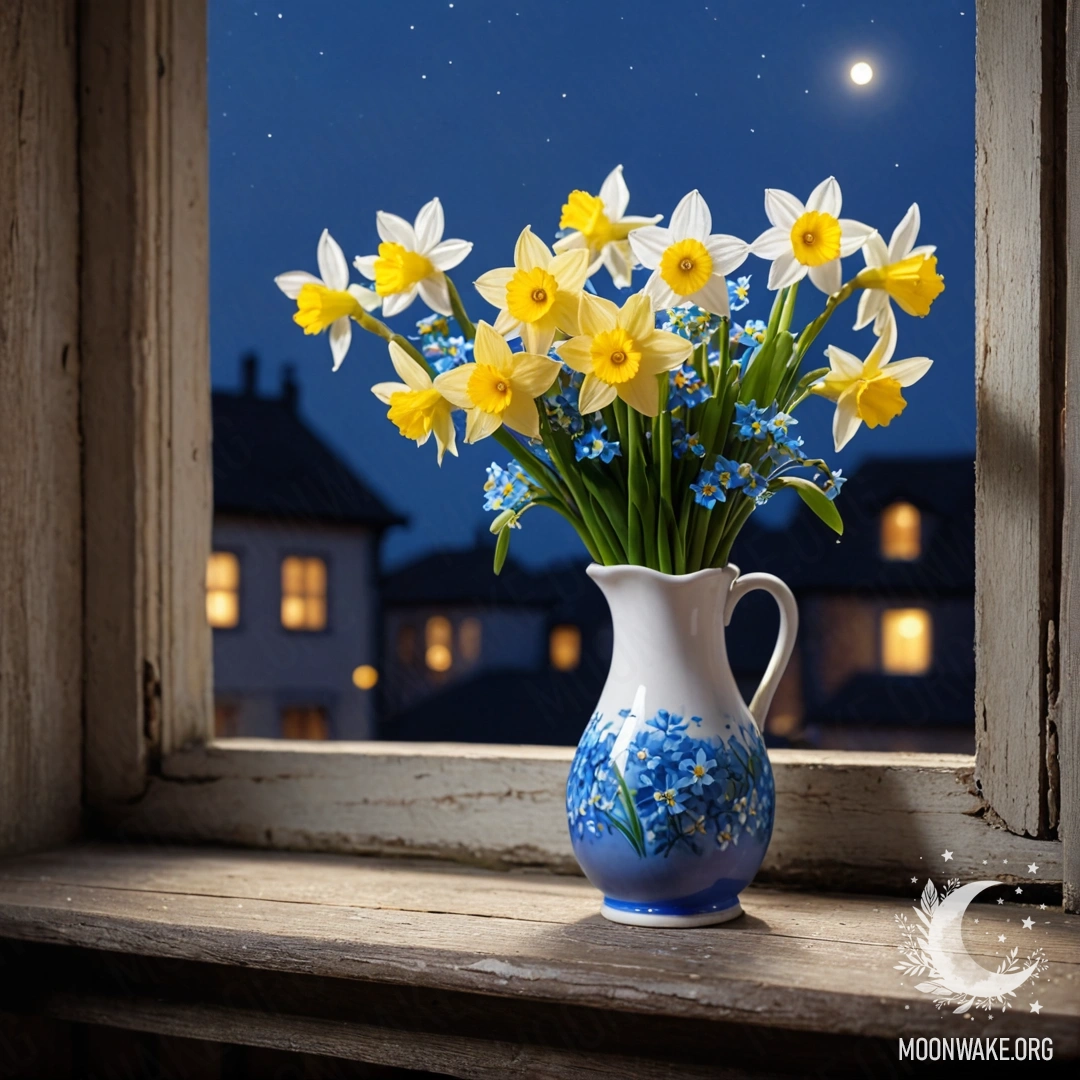 A weathered wooden window sill adorned with a white vase of daffodils and forget-me-nots at night.