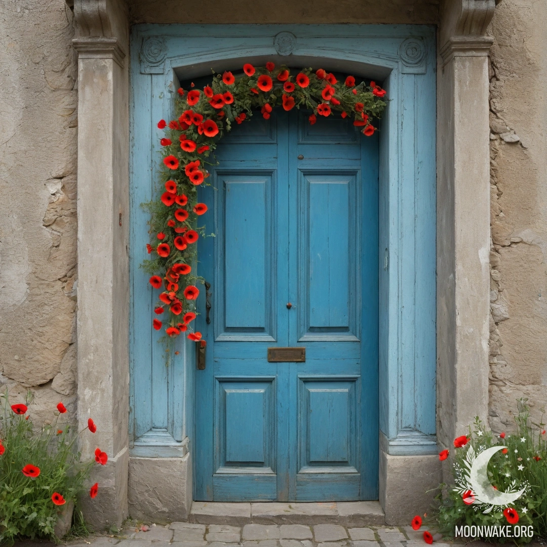 A weathered blue door adorned with a bouquet of poppies in the handle, illuminated by gentle garland lights.
