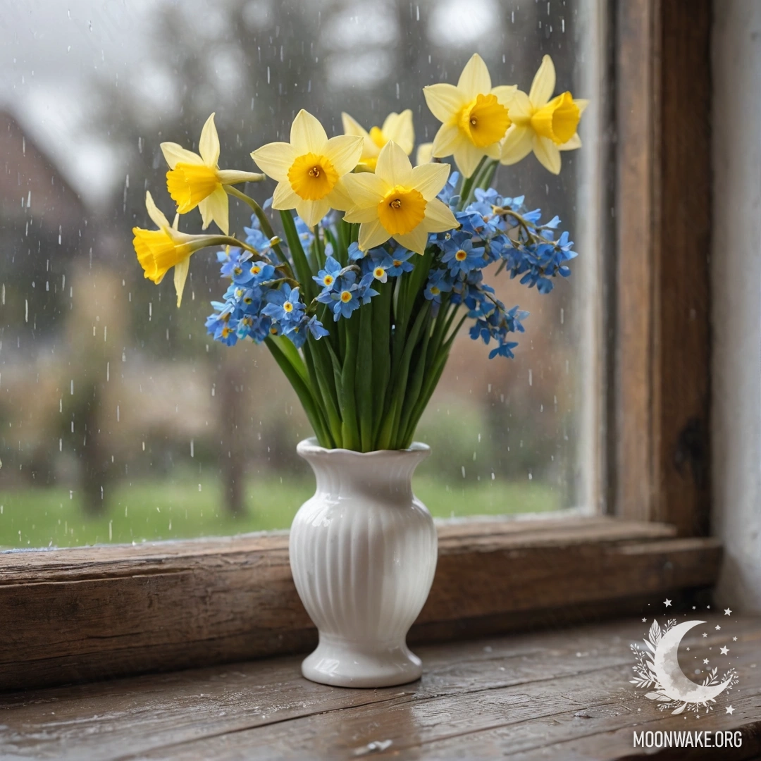A weathered wooden window sill adorned with a white vase of daffodils and forget-me-nots, gently kissed by the rain.