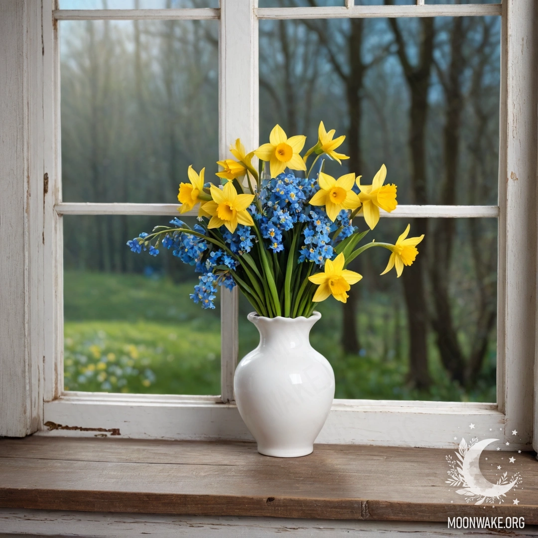 An old wooden window sill adorned with a white vase filled with daffodils and forget-me-nots, illuminated by a soft garland light.