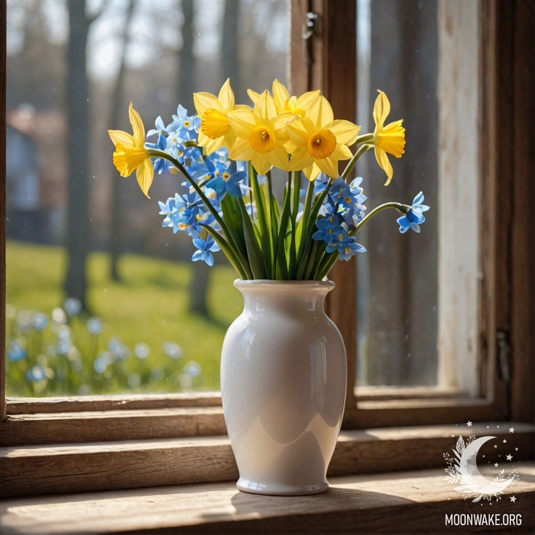 A shabby wooden window sill featuring a white porcelain vase filled with yellow daffodils and blue forget-me-nots, illuminated by a garland light.