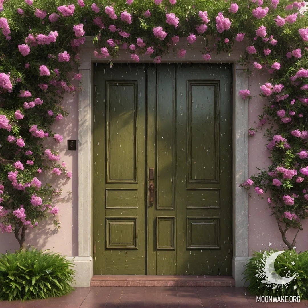 A charming olive door with a tree above, adorned with pink flowers showered by rain.