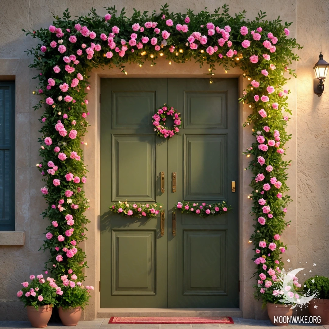 A charming olive door with a flowering tree and garland lights above it.