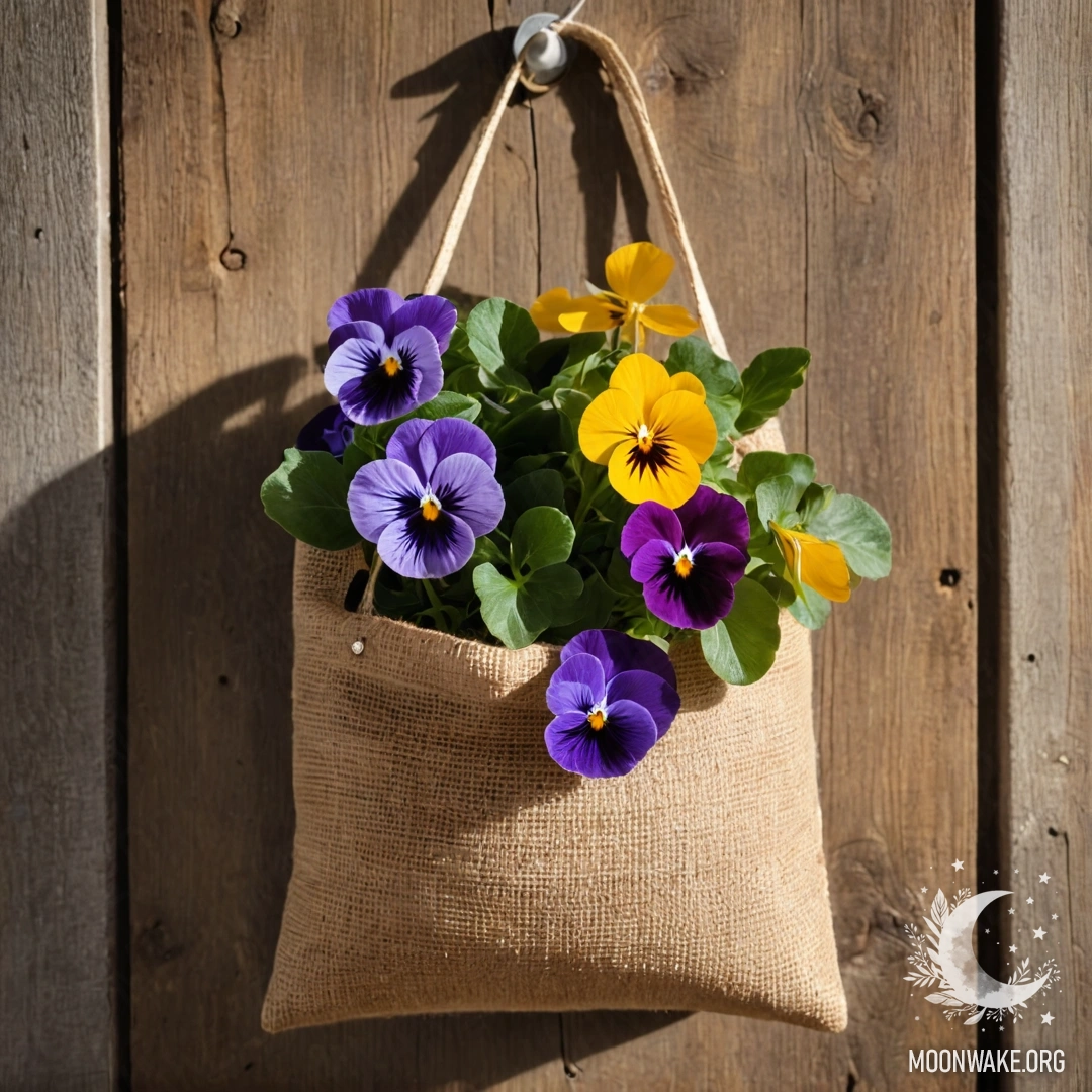 Small burlap bag hanging on a shabby wooden wall filled with pansies.
