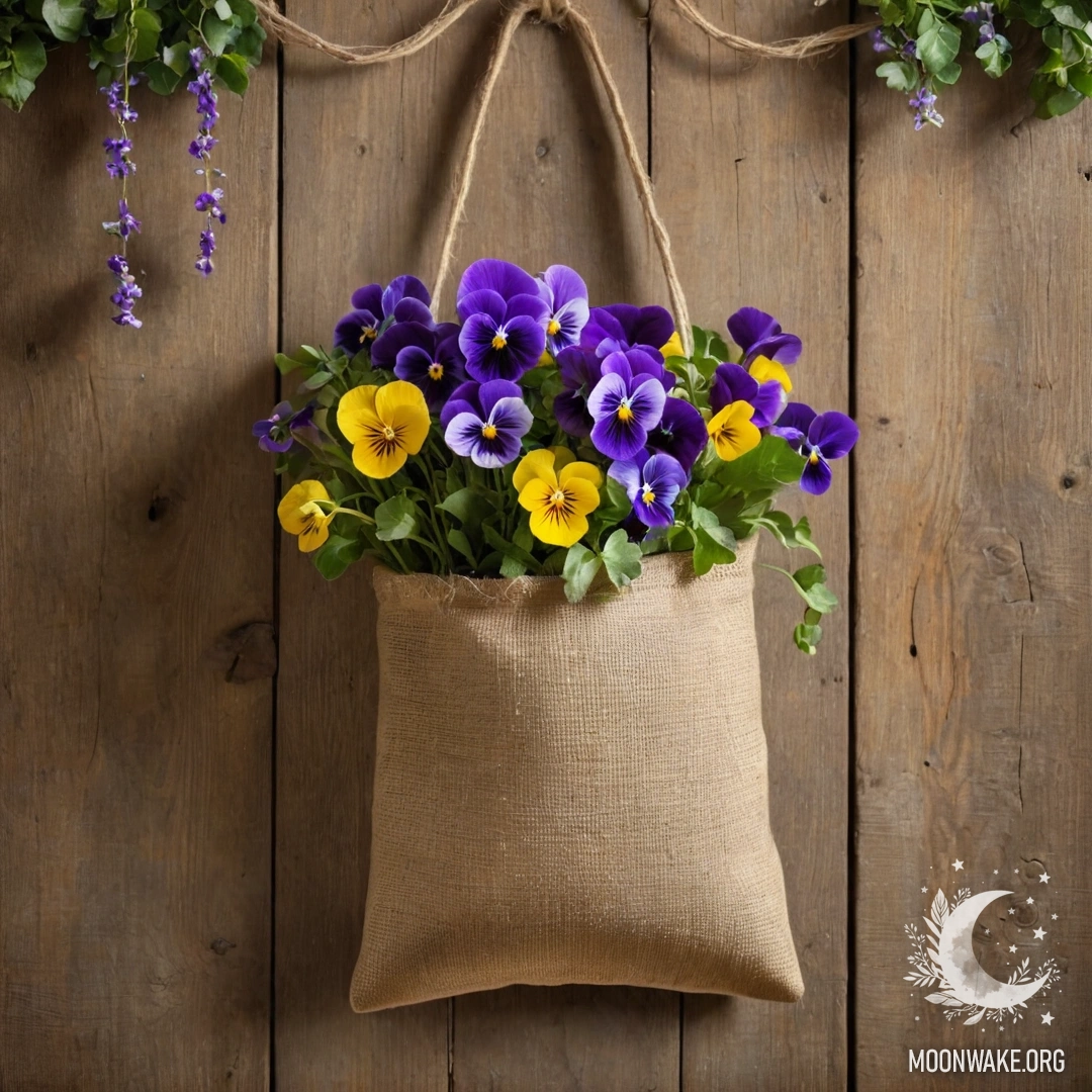 A small burlap bag hanging on a shabby wooden wall, filled with pansies and garland lights.