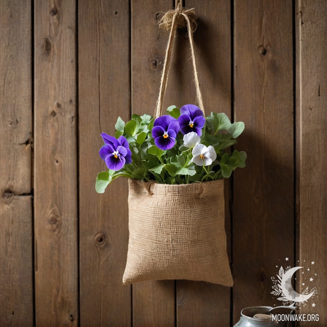 A small burlap bag filled with pansies hanging on a shabby wooden wall.
