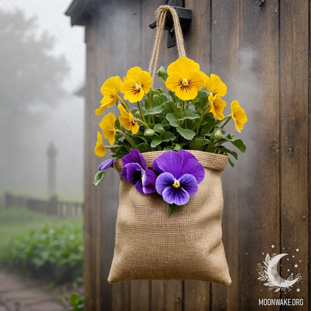 Charming Pansies in a Burlap Bag A burlap bag filled with pansies hanging on a shabby wooden wall in heavy fog.