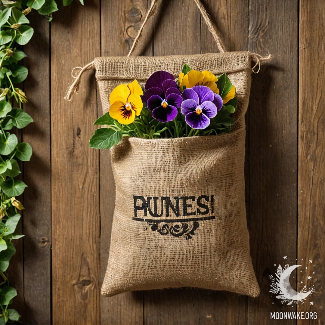 A small burlap bag filled with pansies hangs on a shabby wooden wall.