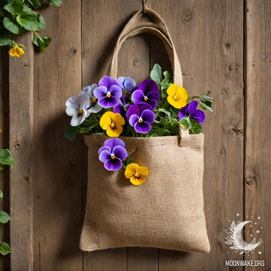 A small burlap bag with pansies hanging on a shabby wooden wall.