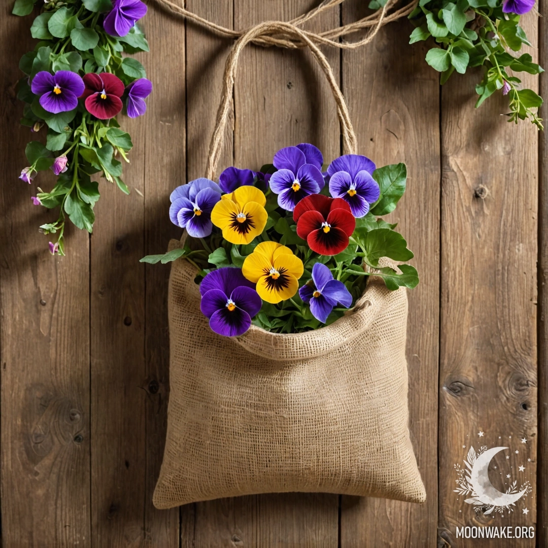 A small burlap bag containing pansies hangs delicately on a shabby wooden wall, adorned with gentle garland lights.