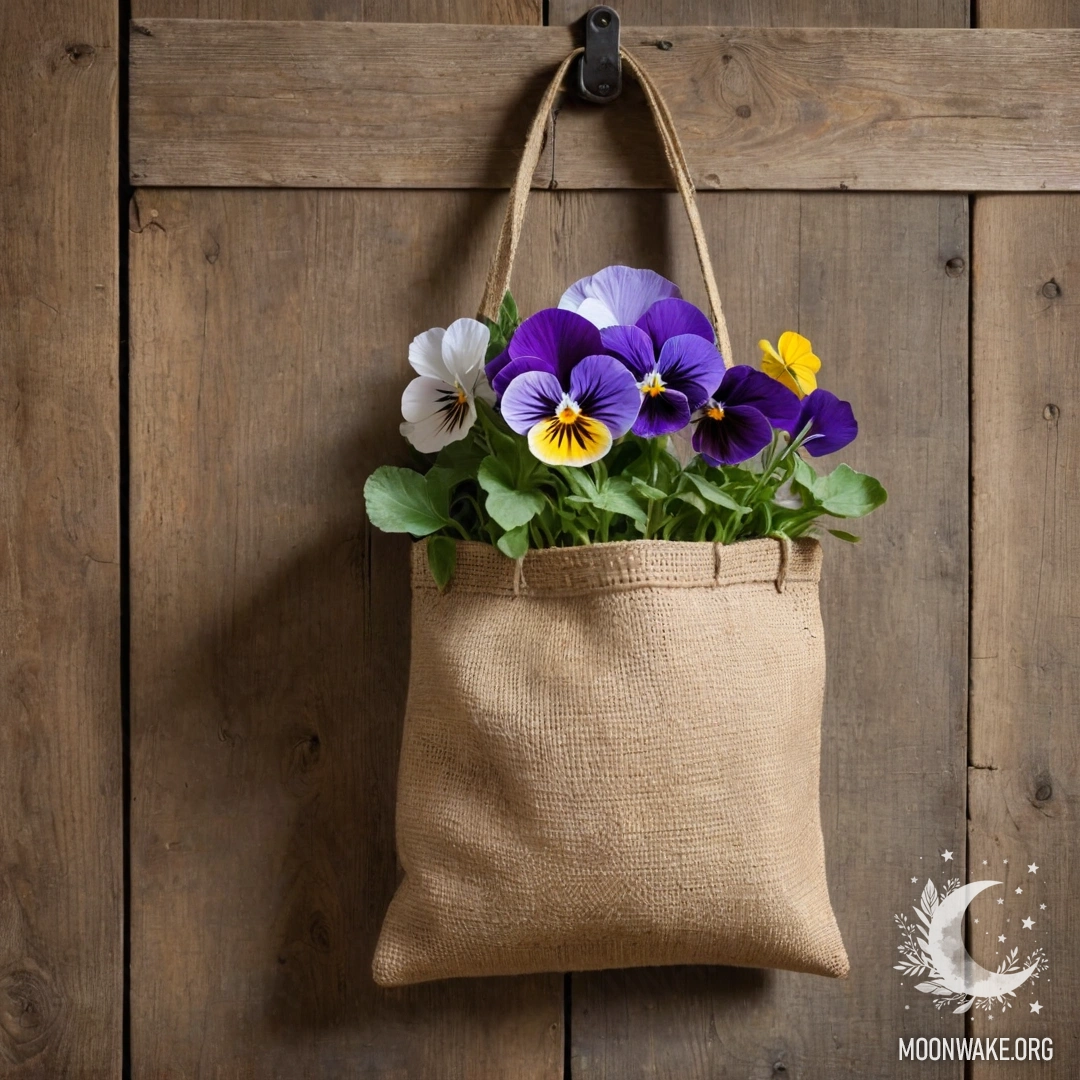 A small burlap bag hanging on a shabby wooden wall, filled with pansies.