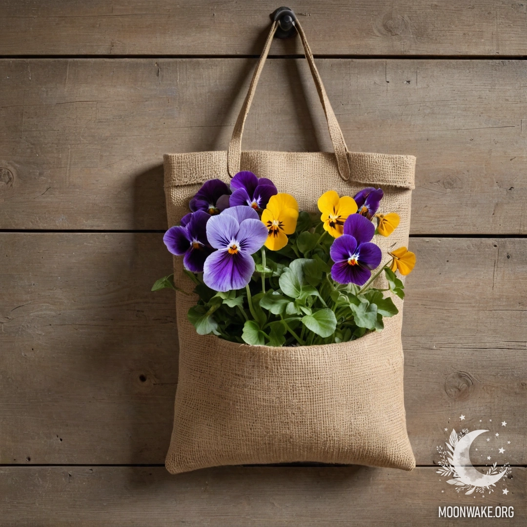 A small burlap bag filled with pansies hangs on a shabby wooden wall.