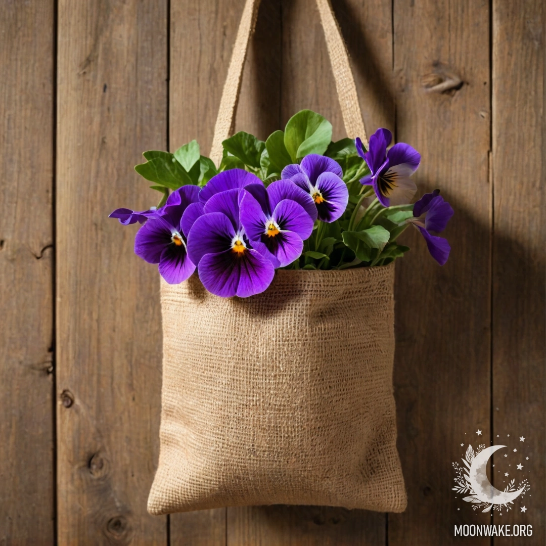 A burlap bag hung on a wooden wall, filled with vibrant pansies.