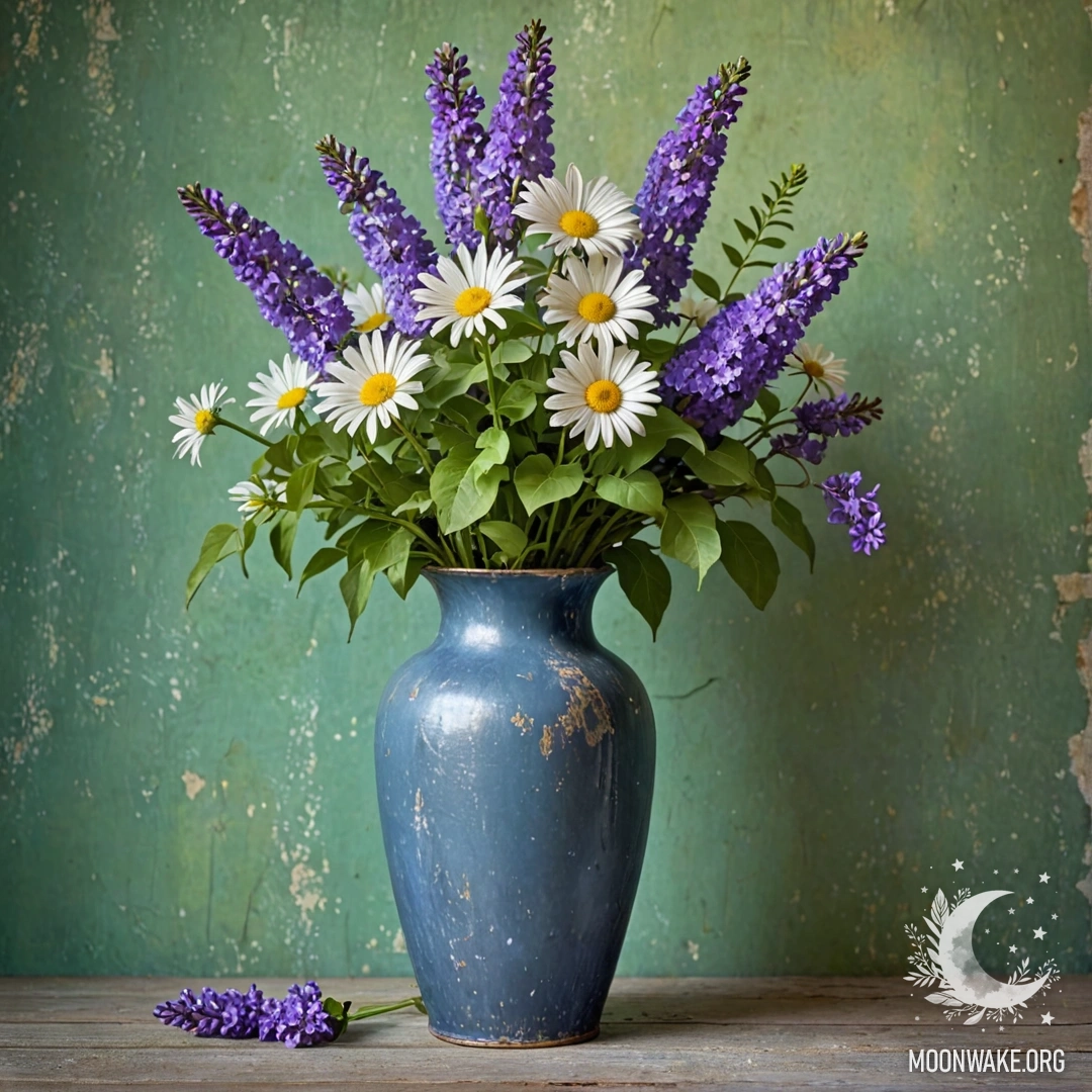 A small burlap bag filled with pansies hangs on a wooden wall.