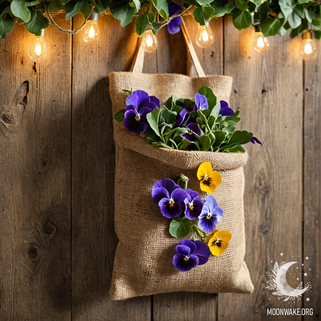 A small burlap bag with pansies and garland lights hanging on a shabby wooden wall.
