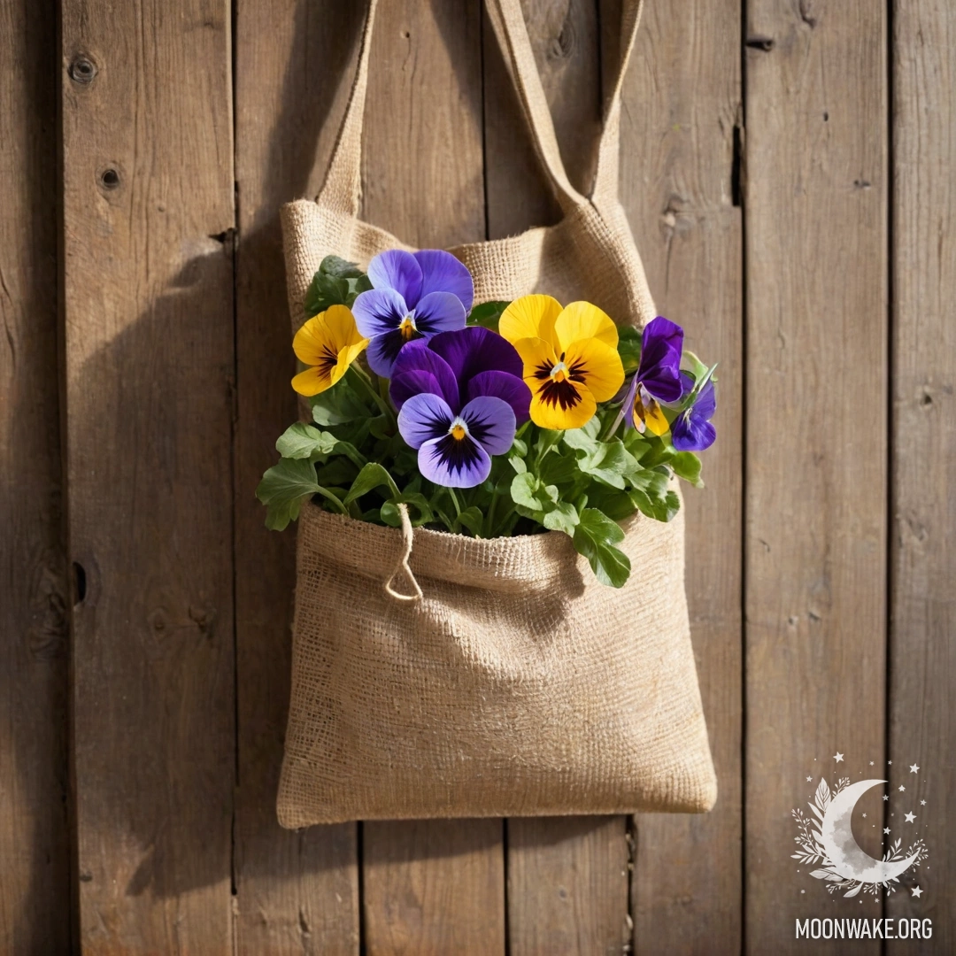A small burlap bag hanging on a shabby wooden wall filled with pansies and sun rays.