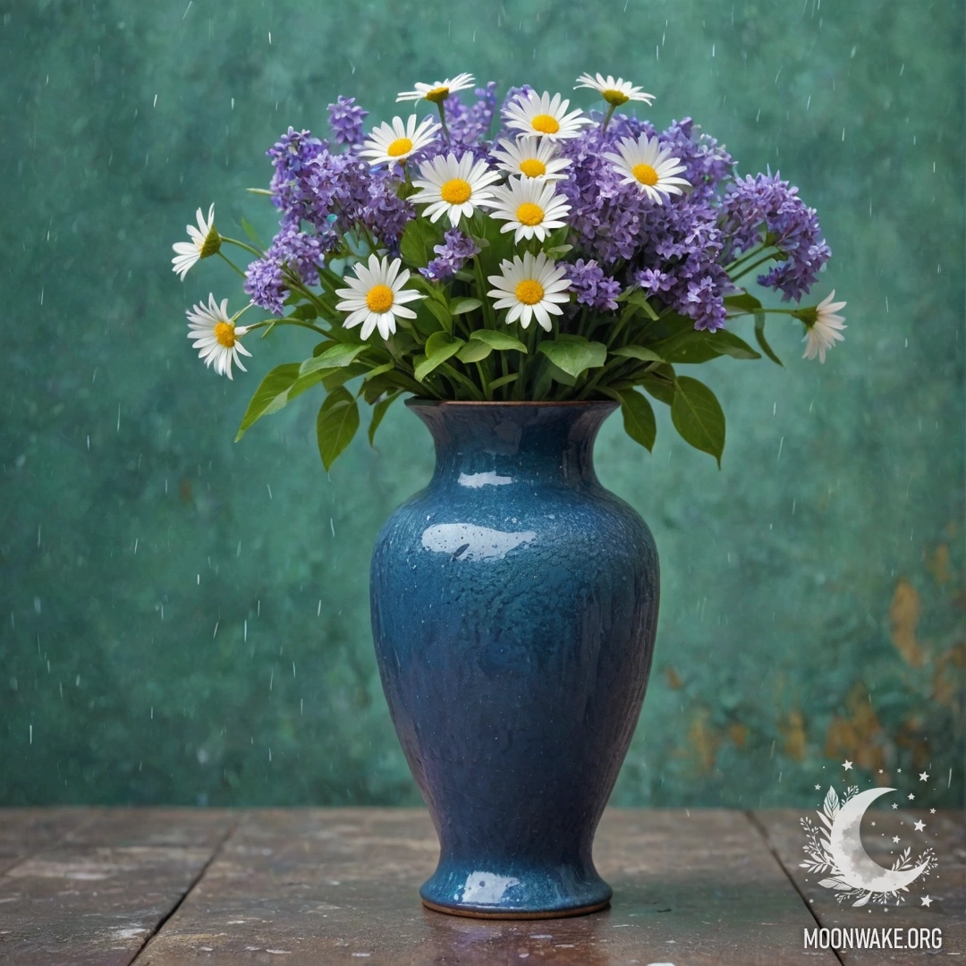 A small burlap bag hanging on a wooden wall, filled with pansies.