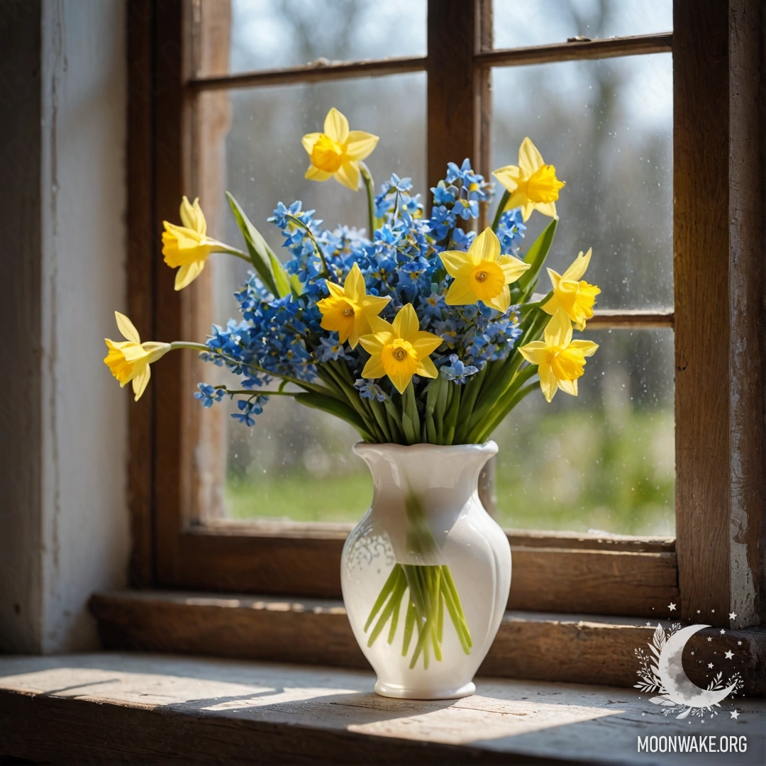 A small burlap bag hanging on a shabby wooden wall, filled with pansies and adorned with garland lights.