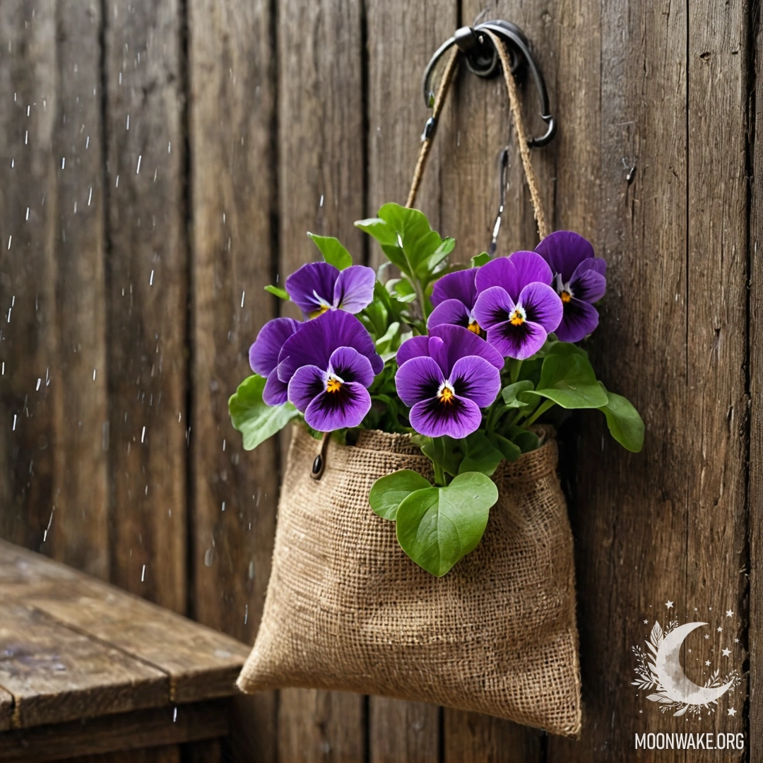 A small burlap bag with pansies hanging on a shabby wooden wall under the rain.
