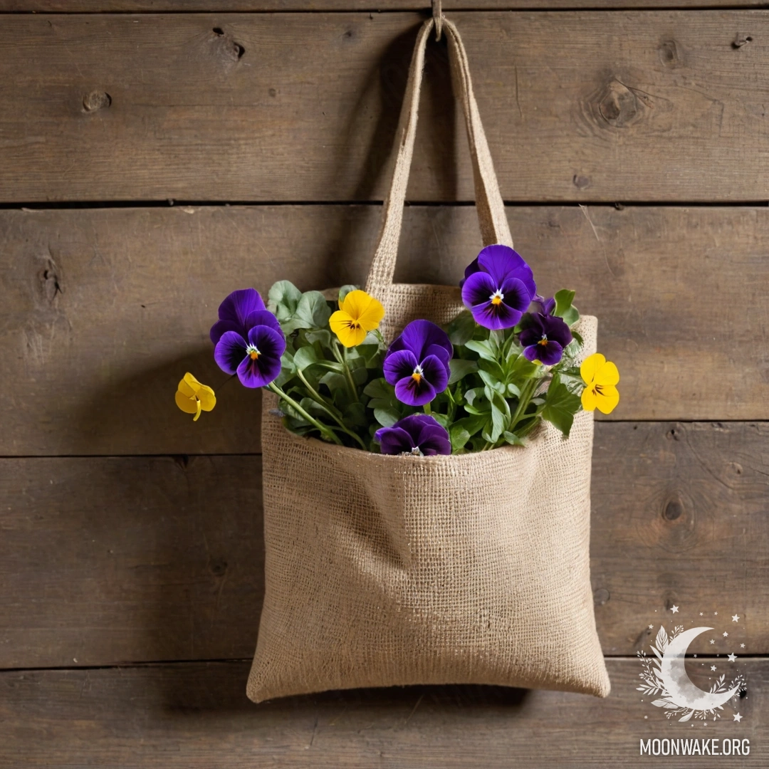 A small burlap bag filled with pansies, hanging on a shabby wooden wall.