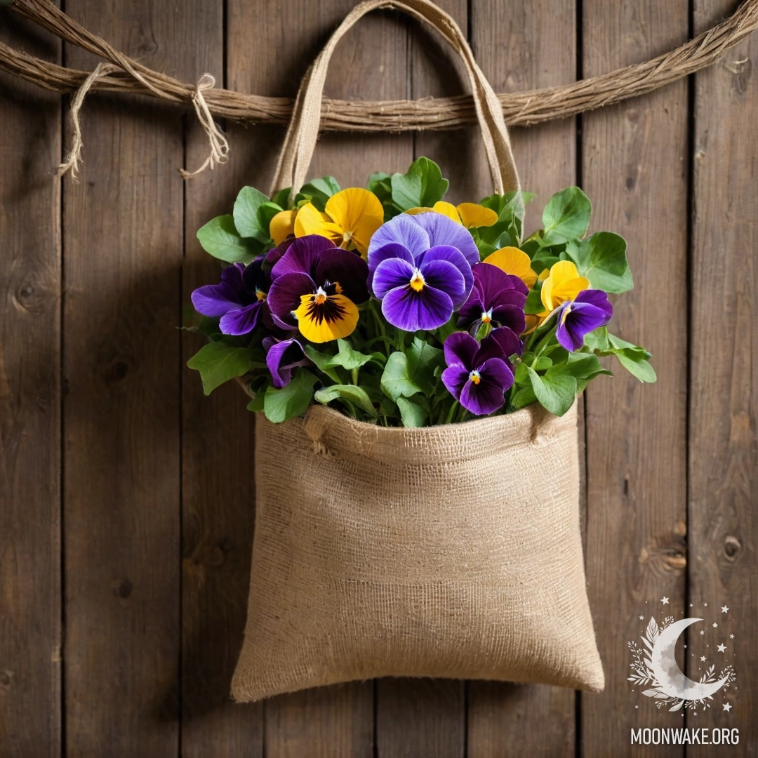 A small burlap bag hanging on a shabby wooden wall, filled with pansies and a garland light.