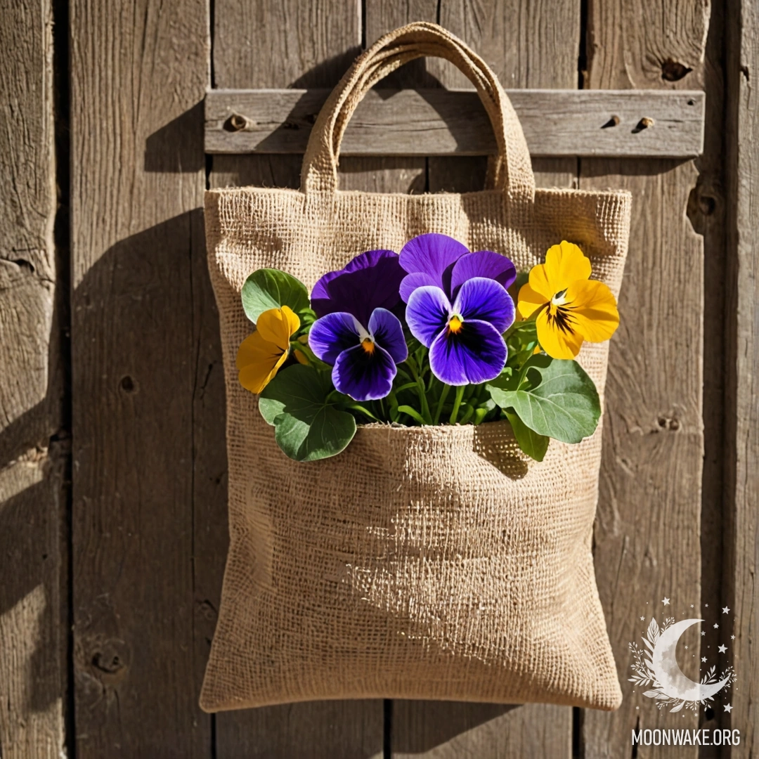 A small burlap bag hanging on a shabby wooden wall, filled with pansies and illuminated by sun rays.