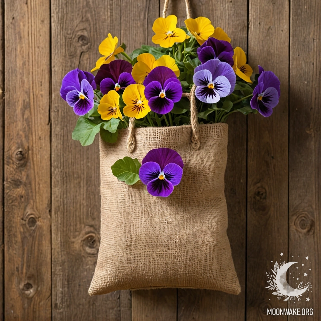 A small burlap bag filled with pansies hangs on a shabby wooden wall, adorned with garland lights.