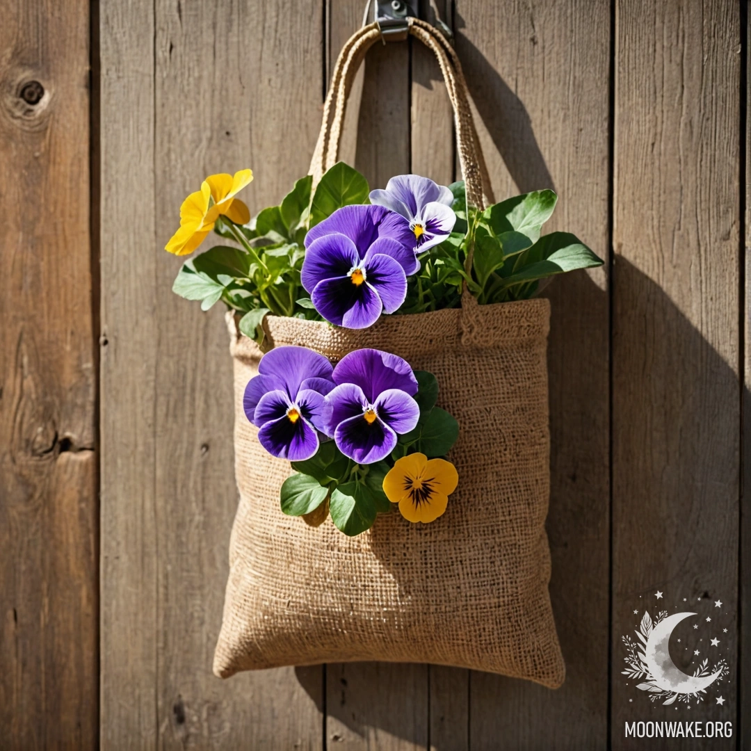 Charming Pansy Bag on Weathered Wall A small burlap bag filled with pansies hanging on a shabby wooden wall, illuminated by sun rays.