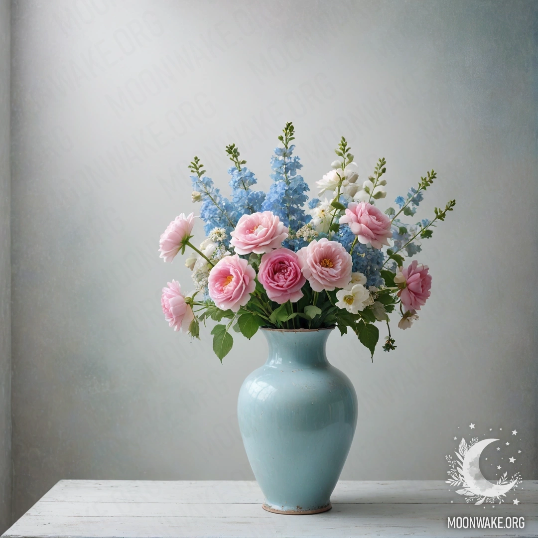 Charming Pastel Blue Vase with Flowers A shabby pastel blue vase with white and pink flowers in fog.