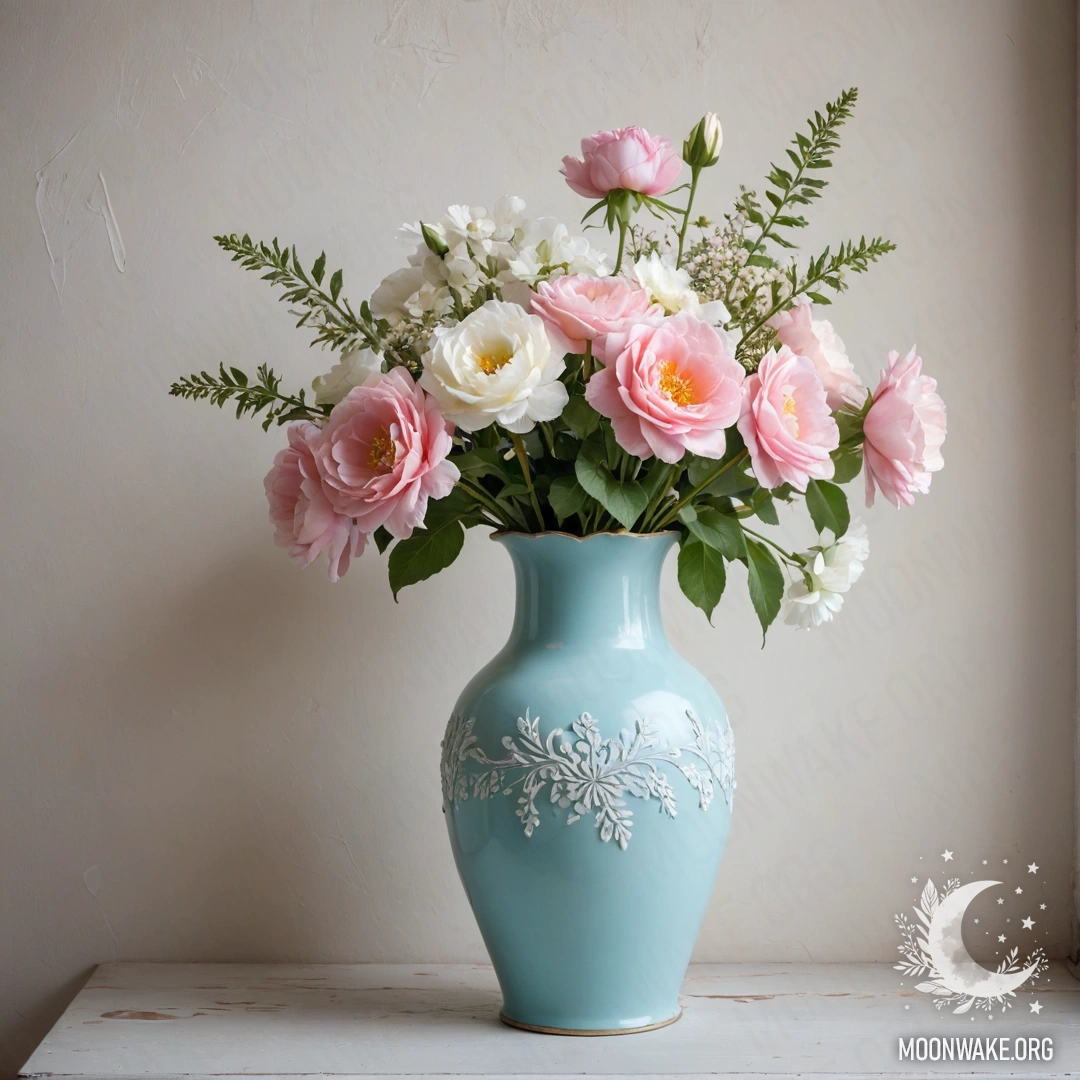 A shabby pastel blue metal vase filled with white and pink flowers against a white wall at sunset.