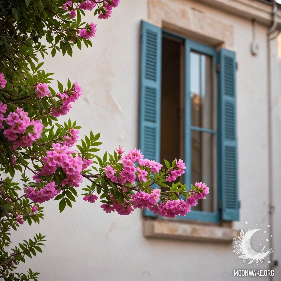 A softly lit branch with pink flowers against a white wall, featuring windows and shutters of an Italian house at night.