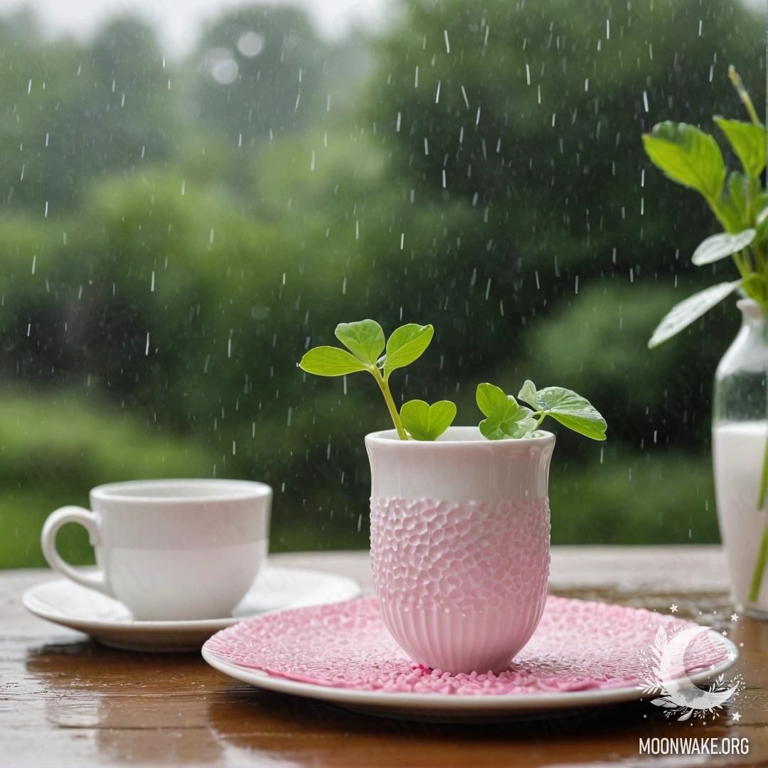 A round straw napkin with white porcelain cups featuring a pink pattern, alongside a white vase holding clover, all under the rain.