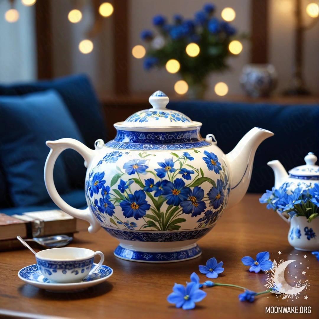 A round wooden table with a porcelain teapot filled with blue flowers, illuminated by garland lights.