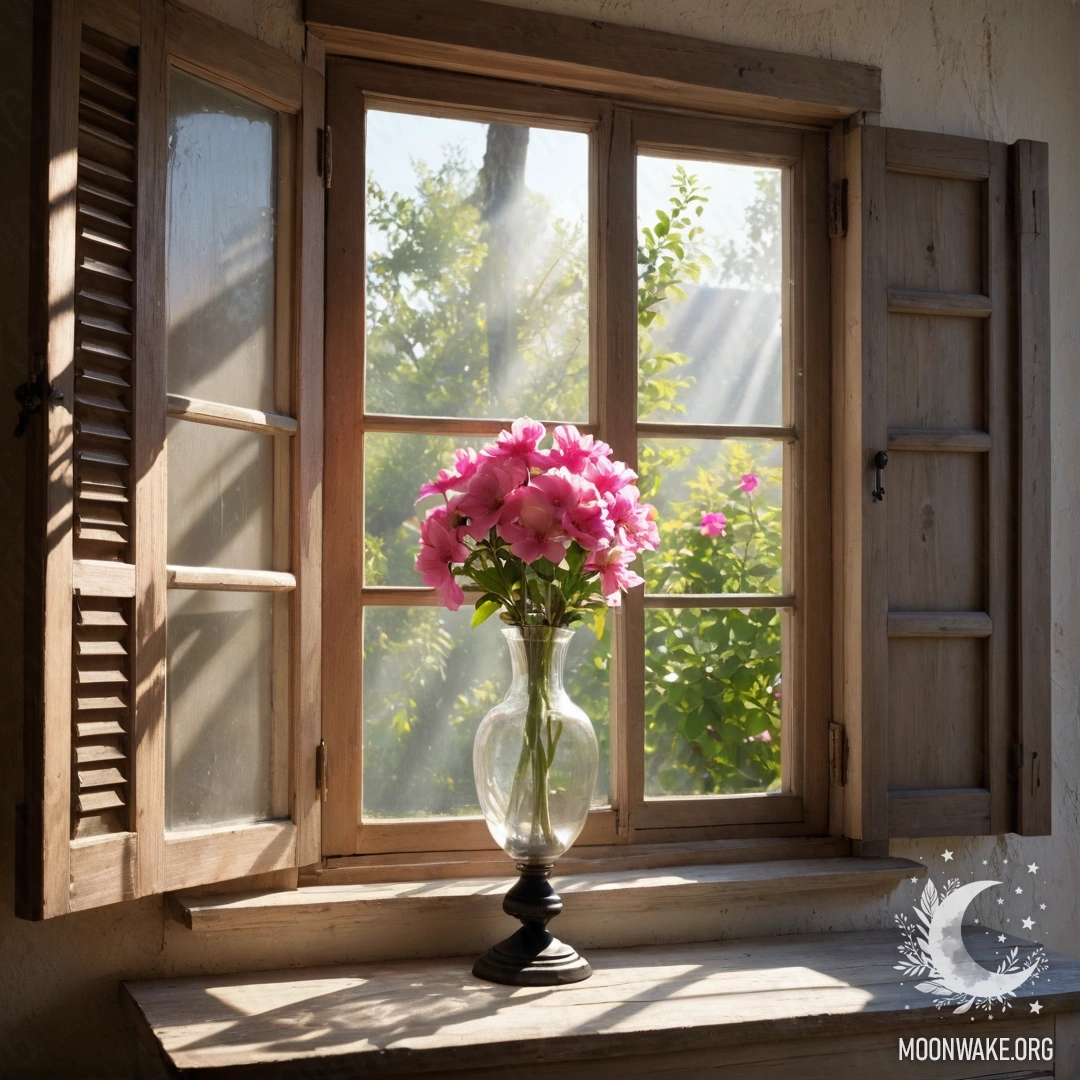 A shabby wooden table with a jar of flowers and a bokeh background of light garlands in the rain.