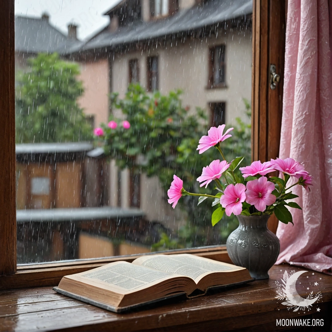 Charming Rainy Day Still Life A wooden window sill with an old book, a gray vase with pink flowers, and a pink curtain under the rain.