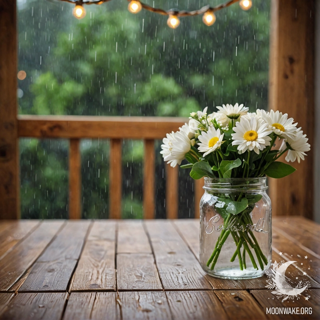 Charming Rainy Day Table with Flowers A shabby wooden table with a jar of flowers and a blurred light garland in the background under rain.