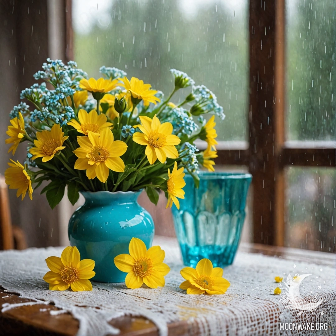 A shabby wooden table with a white knitted tablecloth and a turquoise vase filled with yellow flowers under the rain.
