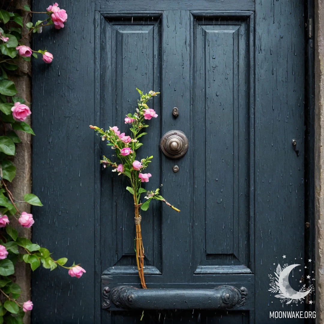 A shabby door adorned with twigs and flowers on the handle, under the rain.