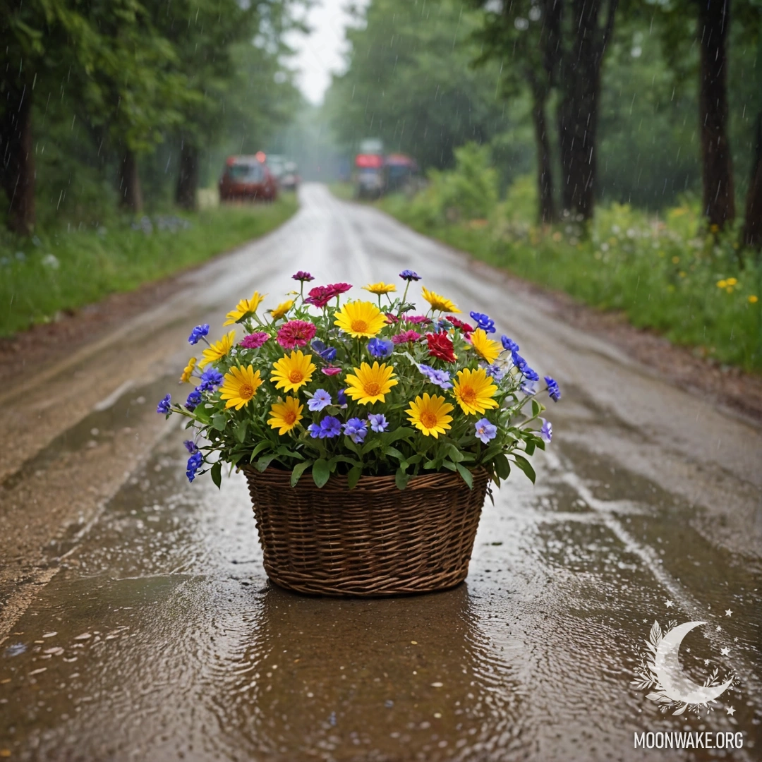 Charming Rainy Path with Flowers A photorealistic depiction of a dirt road with a basket of flowers and bokeh trees in the rain.